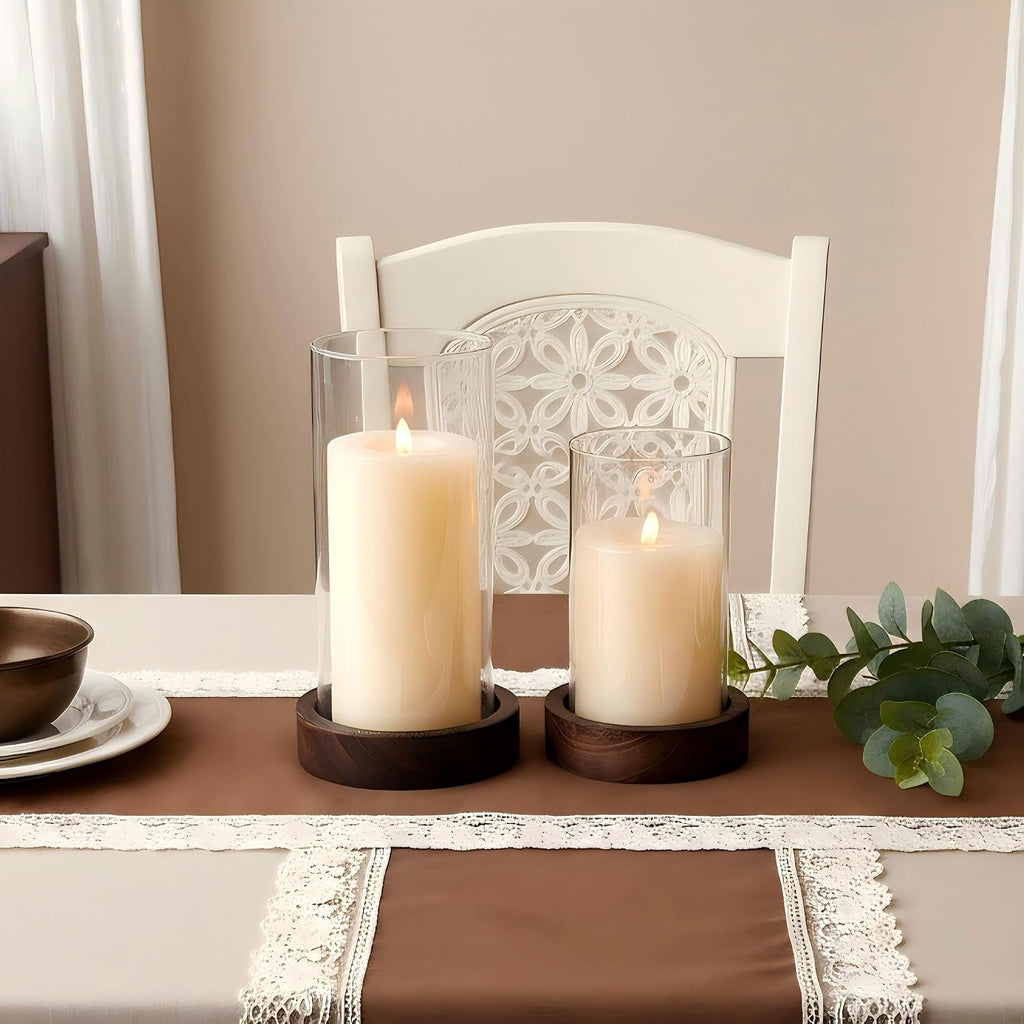 Ronasip Set of 2 Hurricane Candle Holders with Wood Base & Glass Cylinder (4.2x5.9” & 4.6x7.8”) – Rustic Wooden Candle Holders for Home Decor, Weddings, Table Centerpieces (2, Brown)