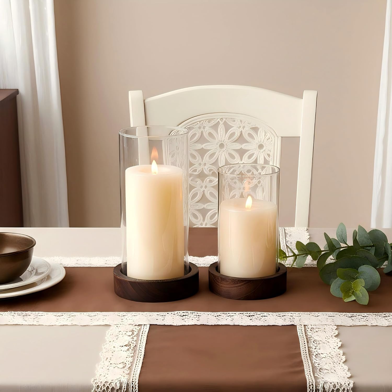 Ronasip Set of 2 Hurricane Candle Holders with Wood Base & Glass Cylinder (4.2x5.9” & 4.6x7.8”) – Rustic Wooden Candle Holders for Home Decor, Weddings, Table Centerpieces (2, Brown)