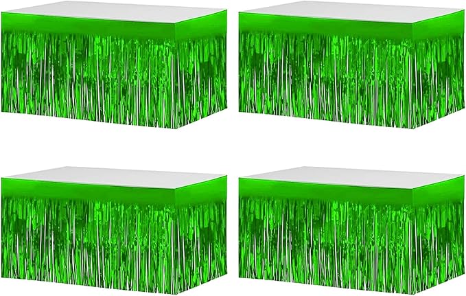 4 Pack Metallic Foil Fringe Tinsel Table Skirts,29x108 Inch Party Disposable Table Skirt Banner for Hotel Banquet Parade Floats Mardi Gras Holiday Birthday Wedding New Year Party Decoration(Green)