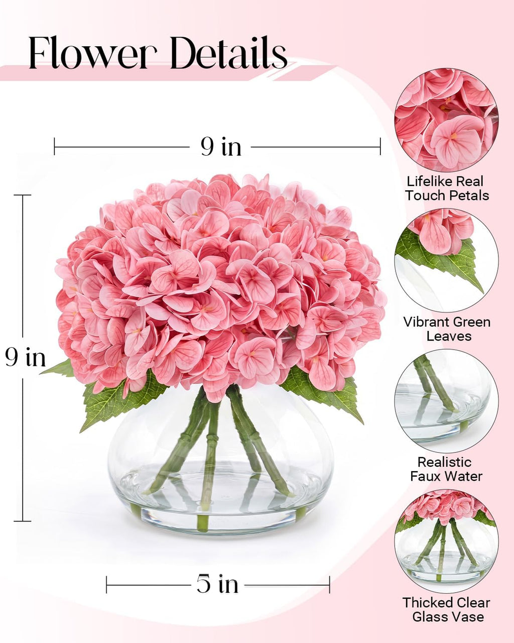 hydrangea artificial flowers with vase, real touch latex, close-up detail