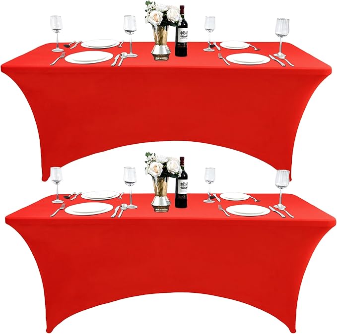 2-Pack 6ft Red Spandex Table Covers for Rectangle Standard Folding Tables - Wrinkle Resistant Stretch Tablecloths - Ultimate Fitted Table Protector for Parties, Trade Shows, Banquet