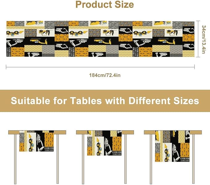 Excavator Table Runner,Boys Kids Construction Vehicles Equipment Trucks Cartoon Car Tablecloth Burlap for Hotel Indoors Outdoor Dining Room Kitchen Holiday Party, 13x80in