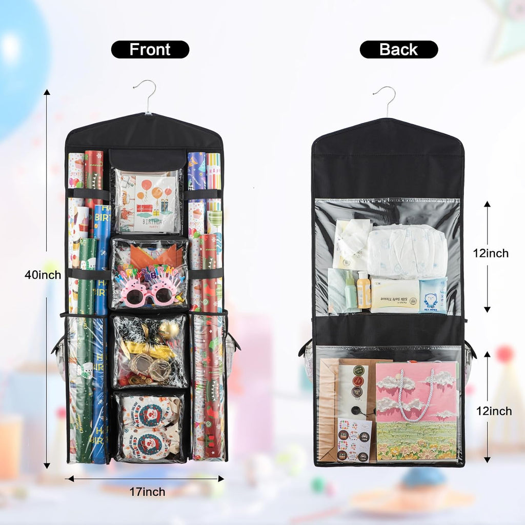 Christmas Wrapping Paper Organizer Storage, Hanging Gift Bag Storage Organizer, Double-Sided Wrapping Paper Holder Storage - Black