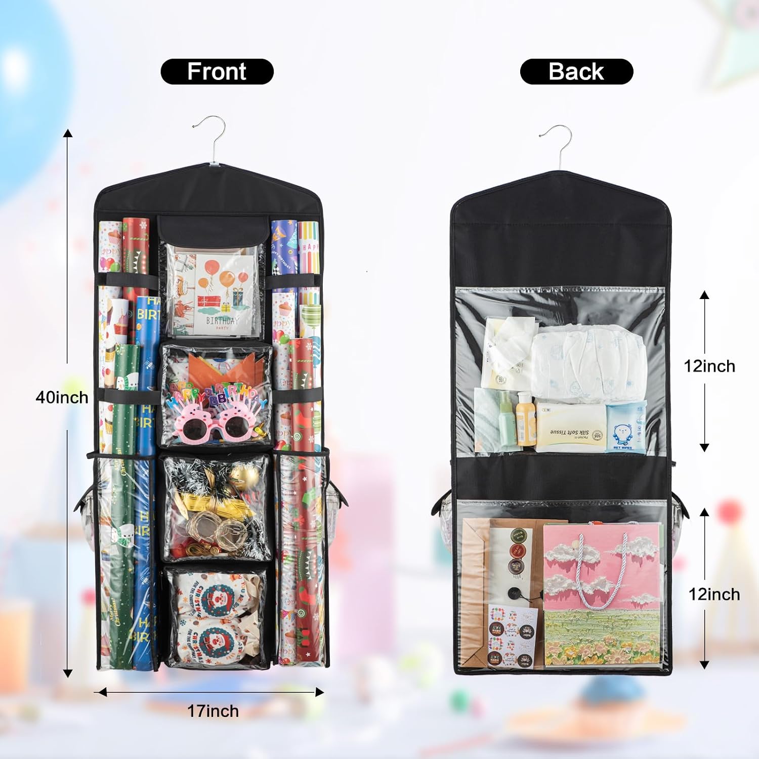 Christmas Wrapping Paper Organizer Storage, Hanging Gift Bag Storage Organizer, Double-Sided Wrapping Paper Holder Storage - Black