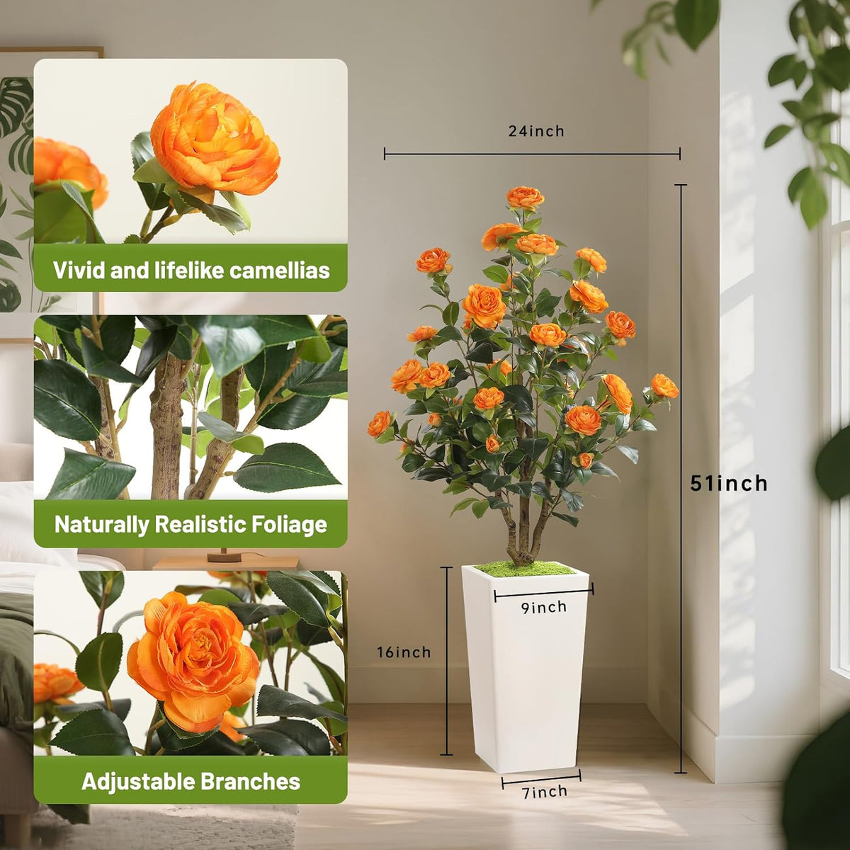 Romantic Season 4FT Artificial Camellia Tree with White Tall Planter, Orange ...