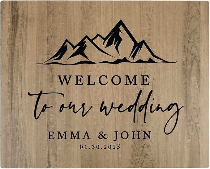Andaz Press Large Wooden Welcome Sign for Wedding, Rustic Welcome Sign 16" x 20" Custom Names Mountain Woodland Wedding Signage English Oak MDF Wood Finish Wedding Reception Indoor Outdoor Signs