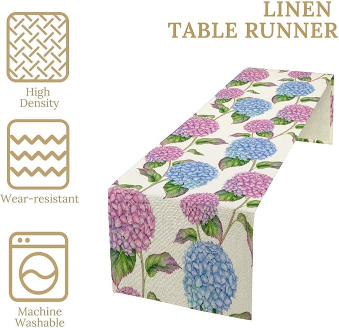 Spring Hydrangea Flower Table Runner, Seasonal Summer Plants Watercolor Pink Purple Florals Dinner Runner for Home Kitchen Dining Table Party Holiday Decoration 13"x60"