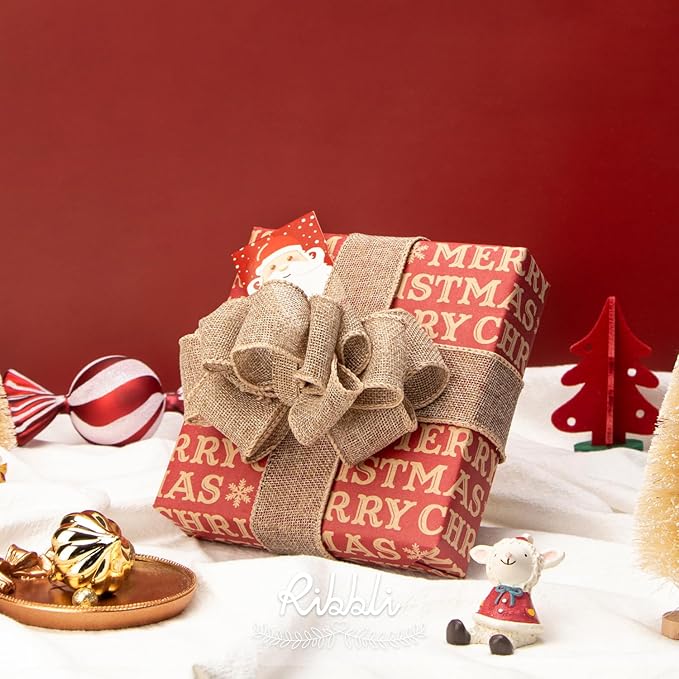 Ribbli Burlap Wired Edge Ribbon,1-1/2 Inch x 10 Yard,Natural,Solid for Big Bow,Wreath,Tree, Outdoor Decoration