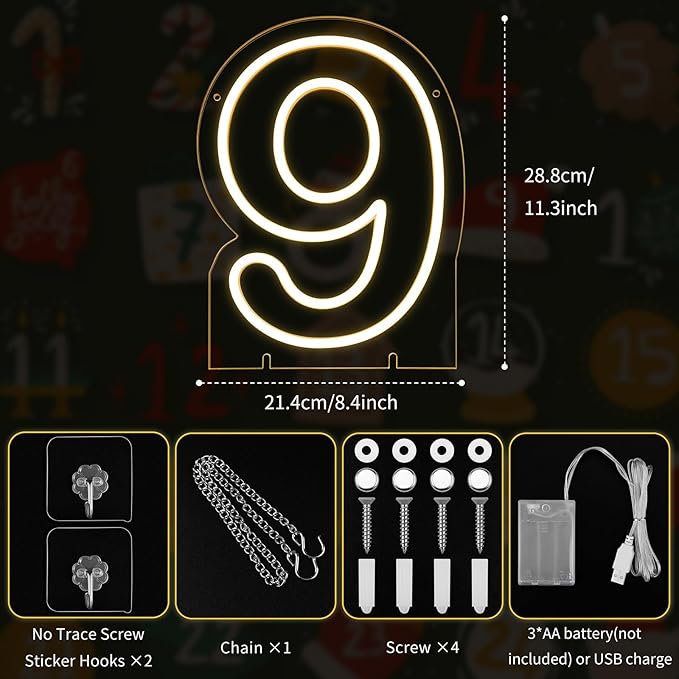Number 9 LED Neon Sign Backdrop Birthday Party Decoration, 11.3" Height Warm White Marquee Numbers Nine Light Up Sign for Wedding Anniversary Window Wall Table, Indoor Battery Operated or USB