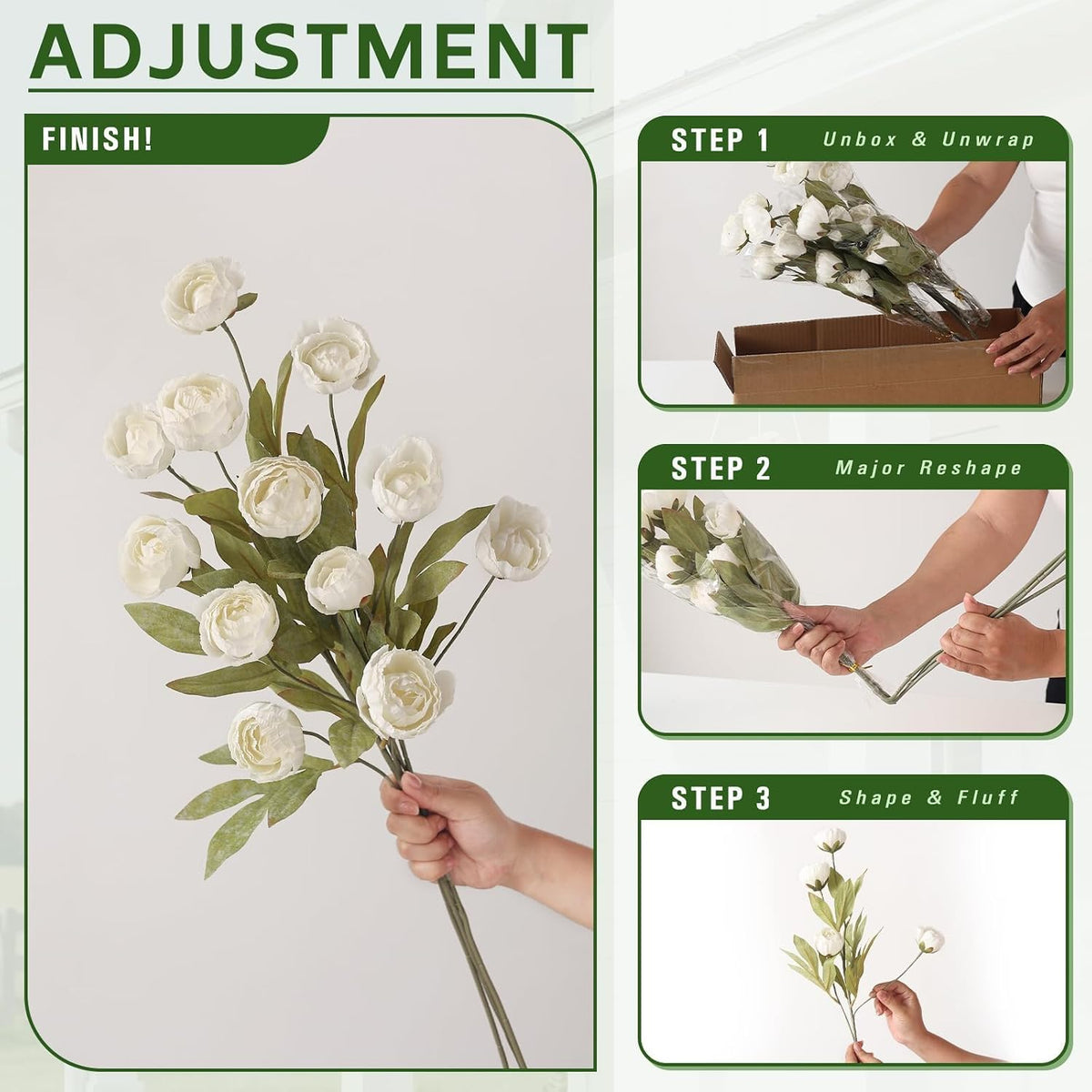 juxdp 6 pcs 27" artificial peony silk flower showing dimensions