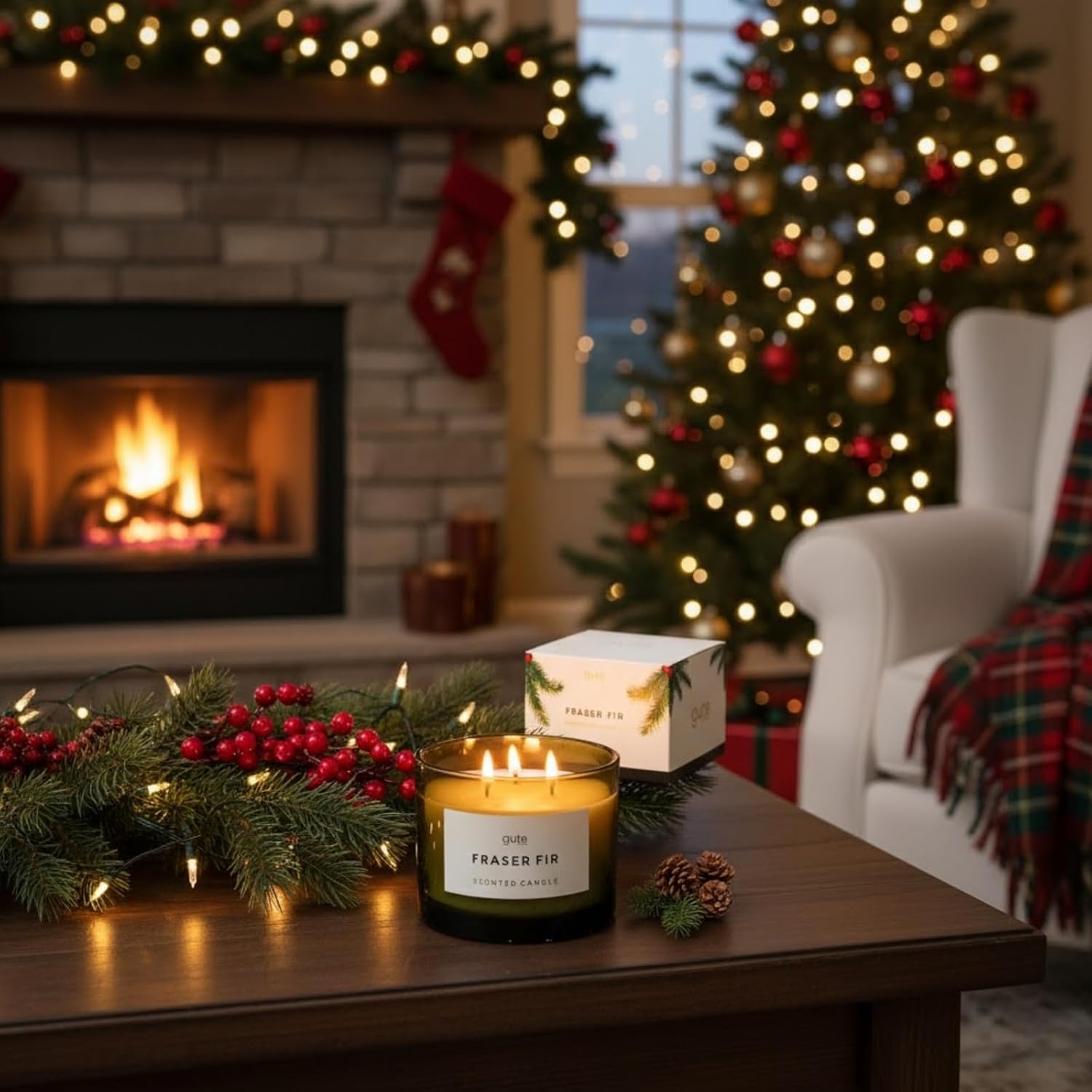 Fraser Fir 3-Wick Festive Winter Scented Soy Candle Reed Diffuser 17oz - Seasonal Home Fragrance, Aromatic Diffuser Set, Non-Toxic Candles, Forest Pine - Inspired by Winter Trees
