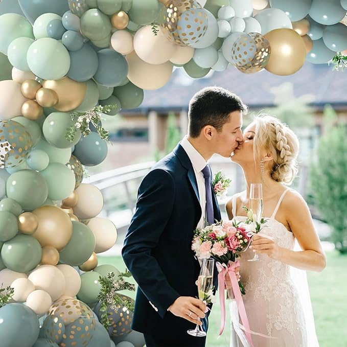 Dusty Blue Sage Green Balloon Arch Kit, Pastel Blue Green Sand White Gold Confetti Balloons Garland Kit for Wedding Bridal Boho Birthday Party Backdrop Decorations