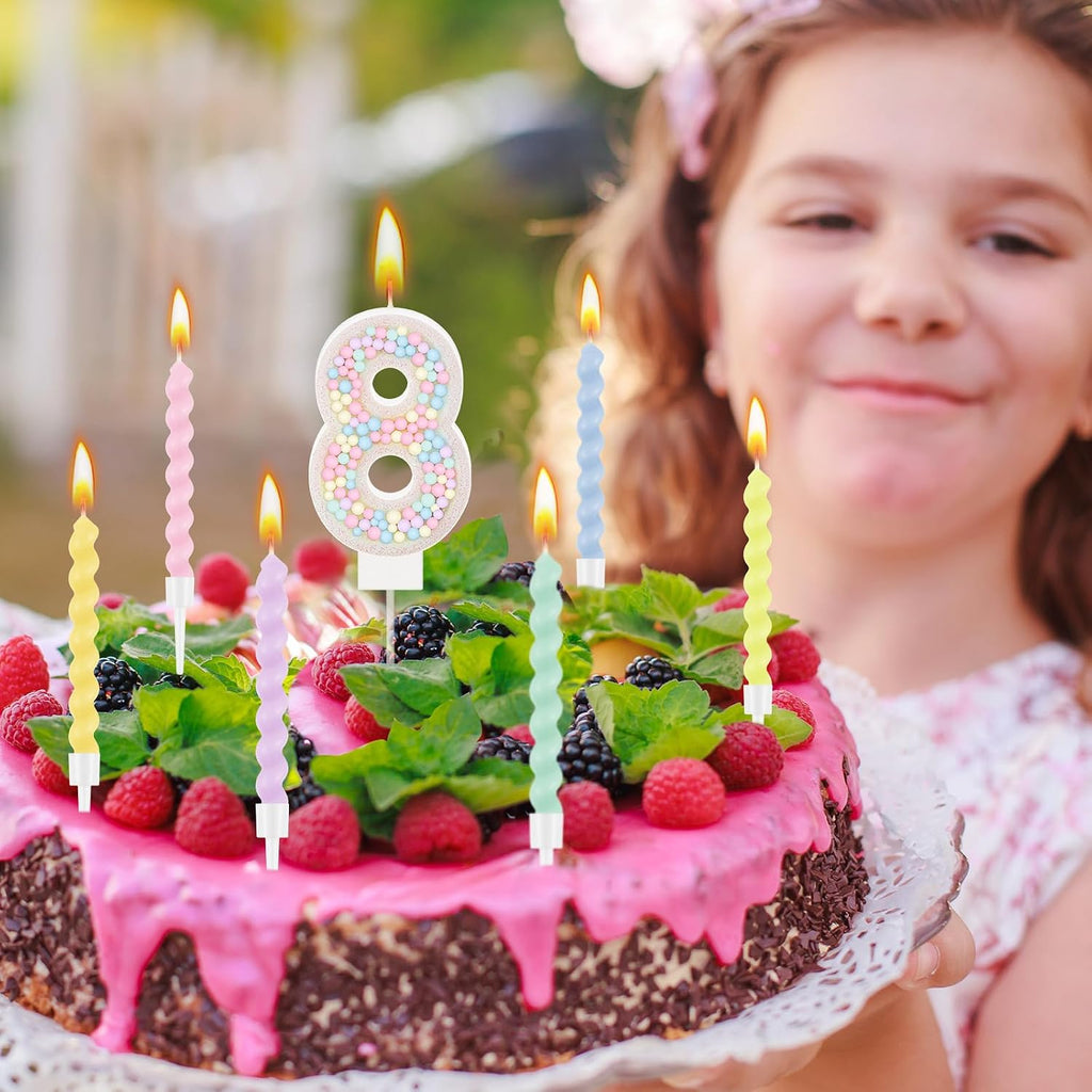 MTLEE Number 8 Birthday Candle with 12 Pcs Spiral Candles for Girls Macaron Pastel Rainbow Unicorn Pink Cake Topper for Sweet Theme Party Decoration