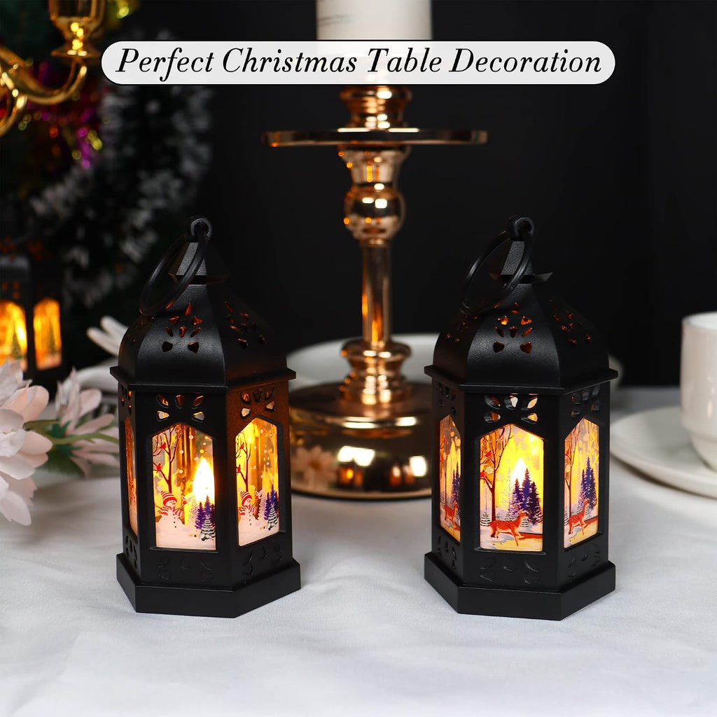 LLQ 12Pcs Christmas Decorations Mini Lanterns with Xmas Pattern & Flicker LED Candles, Vintage Christmas Centerpieces, Black Lantern Decorative, Small Candle Holder for Holiday Party Table, Ornaments