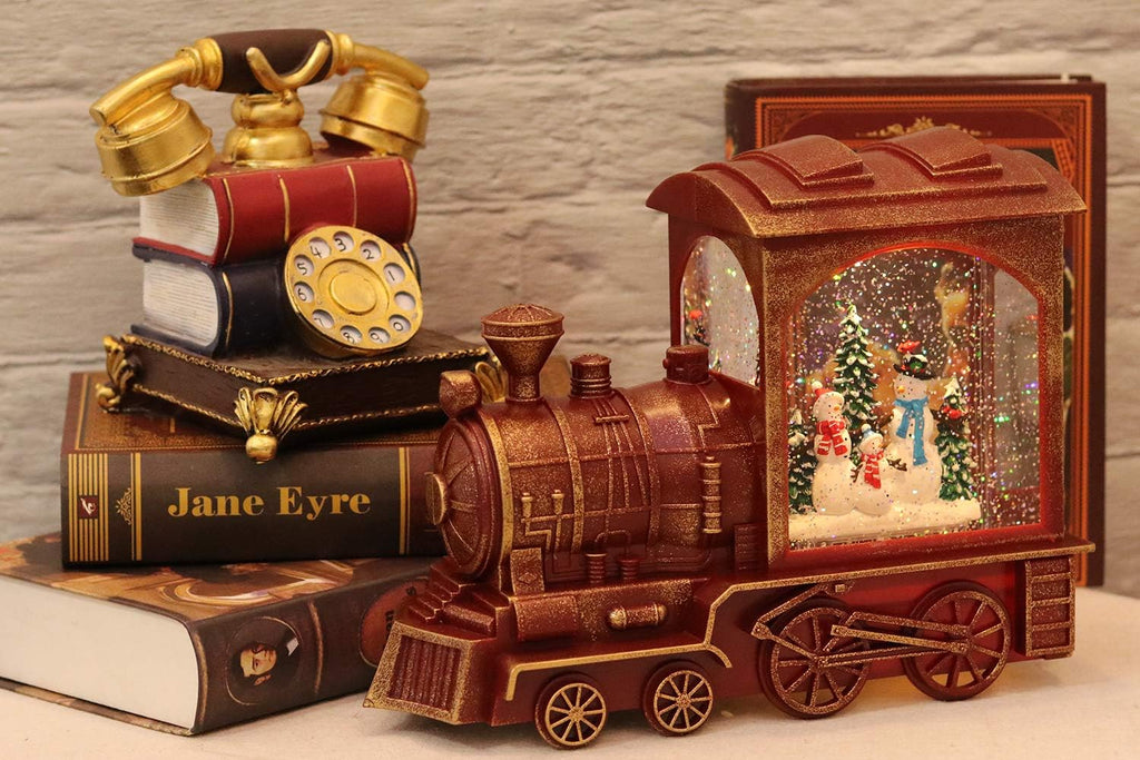 Eldnacele Singing Christmas Train Snow Globe with Music & Timer, Lighted-up Battery Operated Glittering Lantern for Christmas Table Centerpiece Decoration and Gift- Snowman