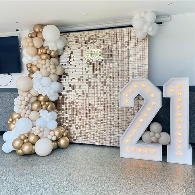 Qcity Champagne Gold Shimmer Wall Backdrop 36PCS, Black Back Not See-Through Design, Square Sequin Glitter Backdrop Panel, Perfect for Outdoor Events, Birthdays, Wedding and Party Decoration
