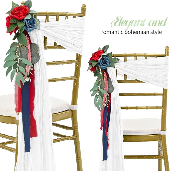 50 PCS Cheesecloth Chair Sashes Bows Wedding Aisle Decorations Chair Ribbon Ties Back Sash for Wedding Party Events Banquet Chair Cover Decoration (White)