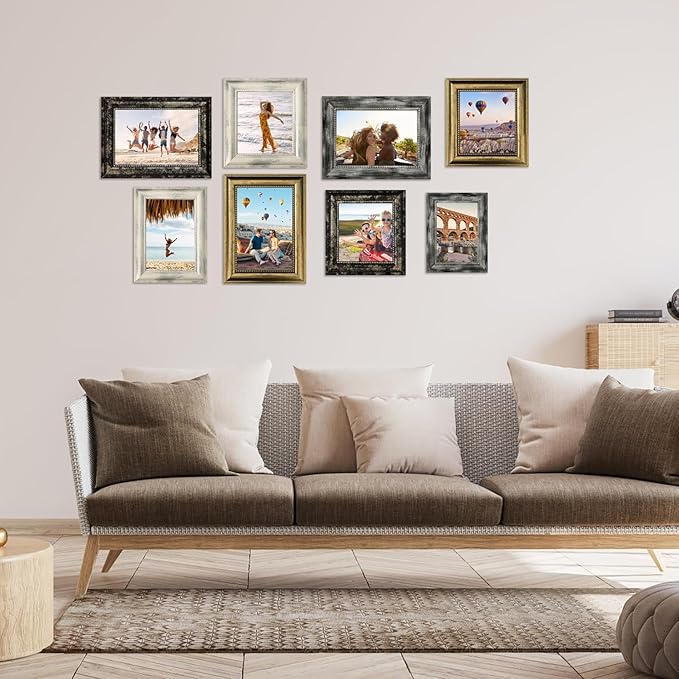 8x10 Picture Frames Set of 4- Rustic Retro Photo Frame with Real Glass Wall Mount and Tabletop Display Family Friends Wedding Gift