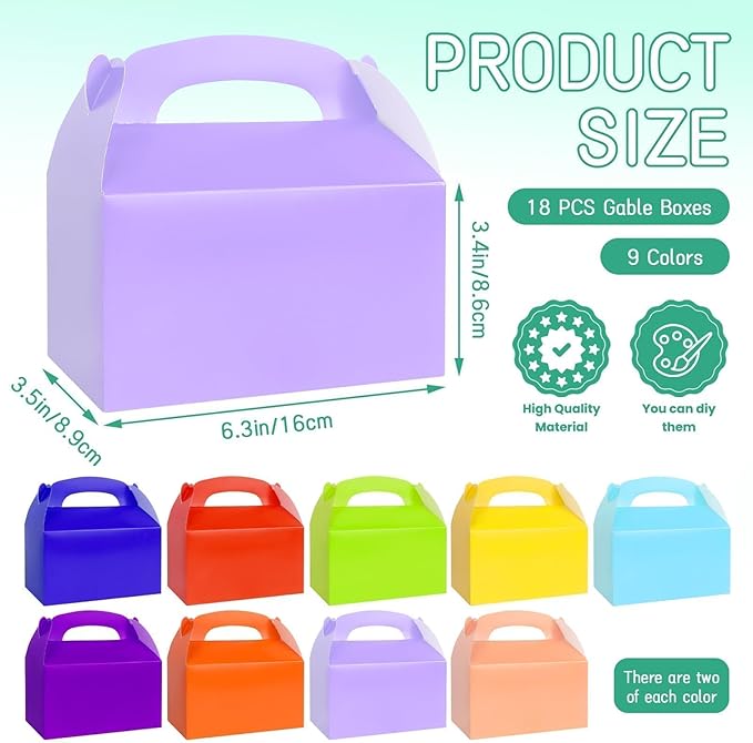Rcybeo 18 PCS Gable Treat Boxes for Party, 9 Colors Candy Boxes for Kids Birthday, Snack Goodie Treat Bags for Wedding Favors, Baby Shower, 6.3 x 3.5 x 3.5 In