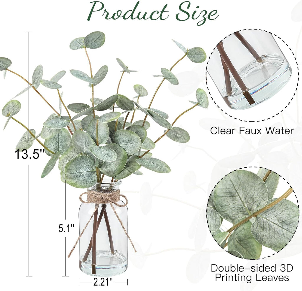 Bessol Artificial Eucalyptus Stems in Glass Vase with Faux Water, 13.5" Fake Plants for Home Decor, Coffee Table Centerpieces, Office, Bathroom & Farmhouse Weddings - Faux Greenery Plants Decorations