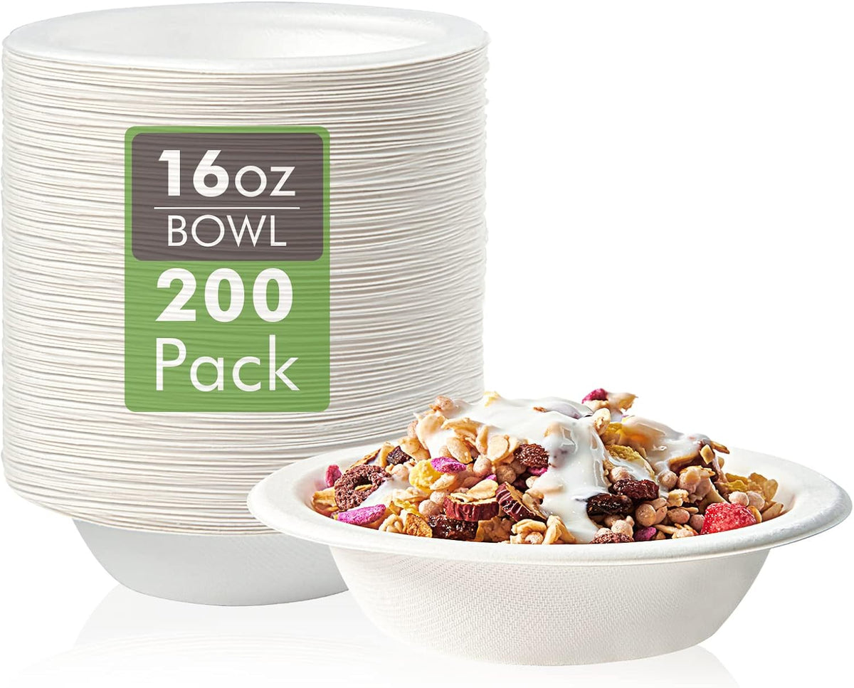 Vplus 200 Pack 16 OZ Compostable Paper Bowls, Bagasse Bowls，White