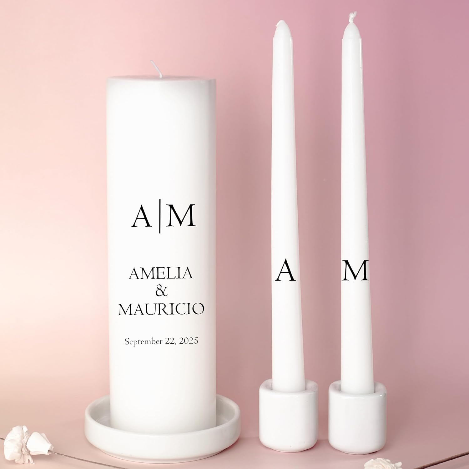 Unity Candles for Wedding, Modern Unity Set, Custom and Personalized Pillar and Taper Candles, Custom Date and Names. Unscented White Premium Wax, Religious and Wedding Ceremony, Special Events