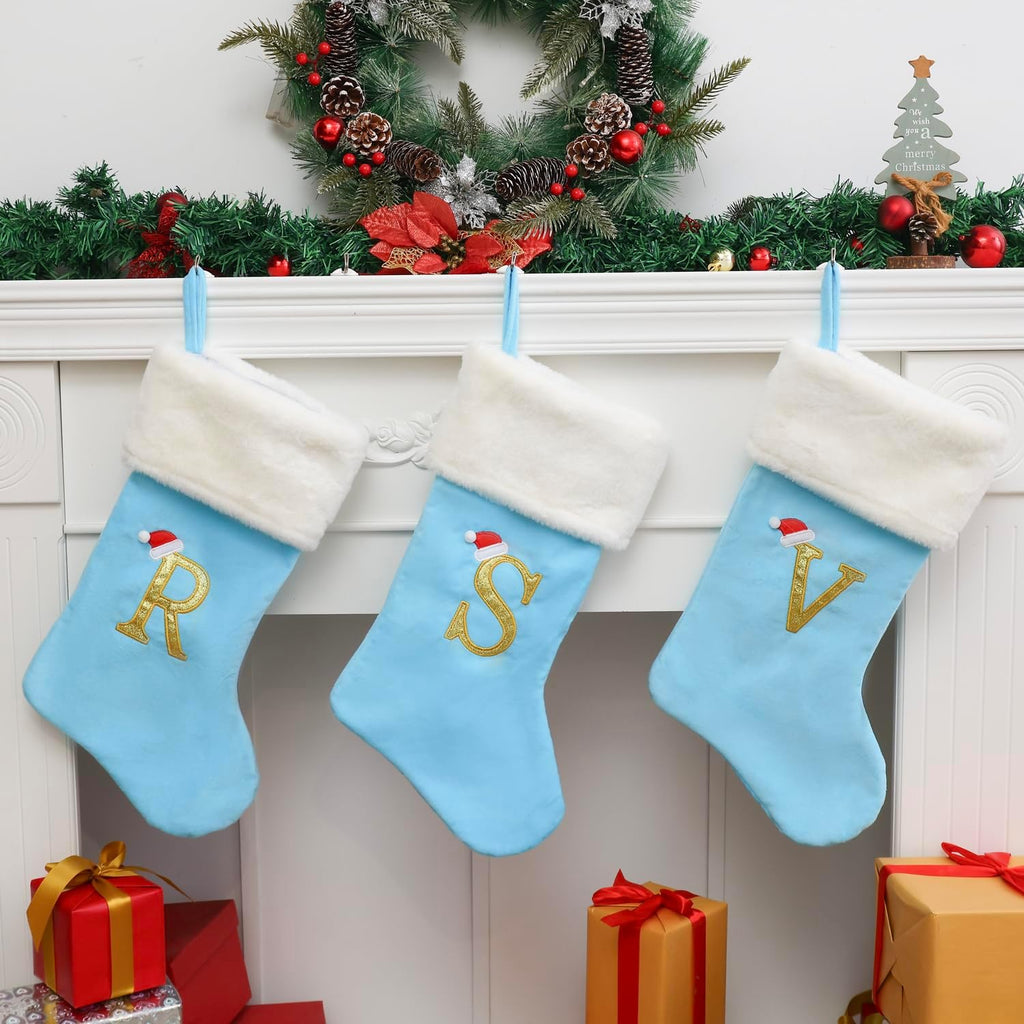 20-Inch Letter Embroidered Christmas Stocking Thick and Luxurious Light Blue Velvet with Super Soft Plush Cuff Personalized Festival Decoration for Xmas and New Year Party(Letter A)