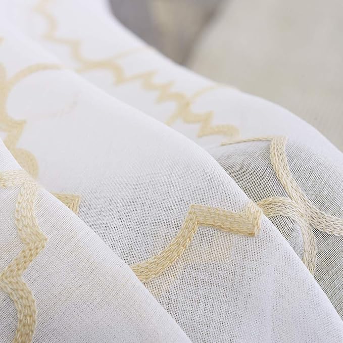 Sheer Curtains Gold 95 Inches Long, Rod Pocket Drapes for Living room, Bedroom, Embroidered Moroccan Tile Lattice Design Semi Crinkle Voile Curtain Panels for Patio, Villa, Parlor, Set of 2, 52"x95".