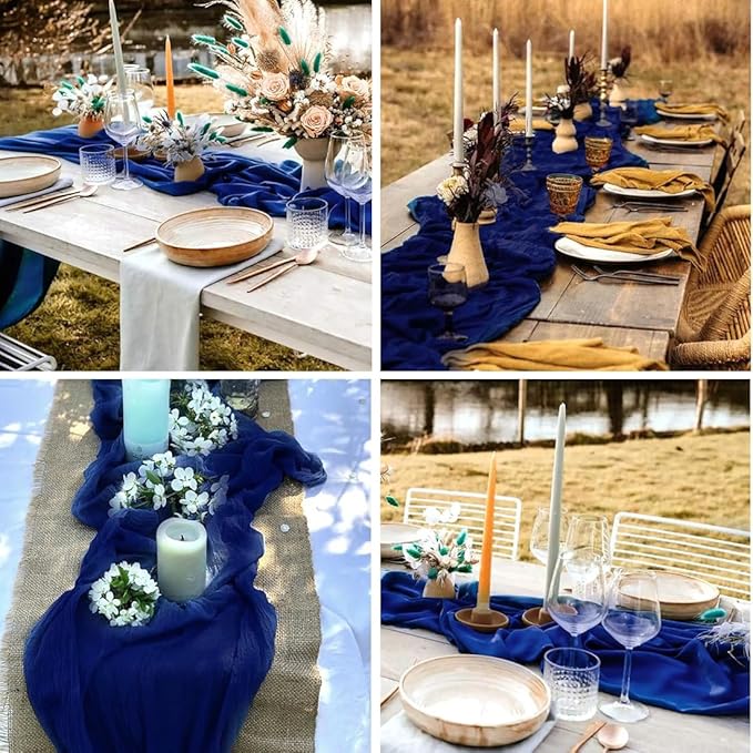 Blue Cheesecloth Table Runner -21*120Inch Long Boho Wedding Table Decor, Rustic Gauze Fabric Runner for Bridal Showers, Baby Showers & Parties (Sheer, Lightweight, Wrinkled Design)