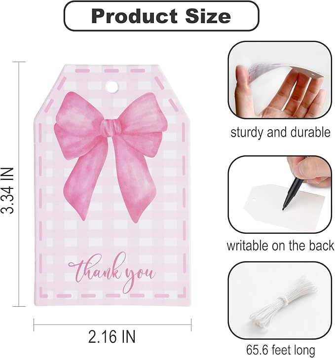 100Pcs Pink Bow Gift Tags with String Pink Buffalo Plaid Large Gift Tags with 65Ft White String Cute Thank You White Paper Tag for Coquette Birthday Baby Shower Wedding Gift Wrap Tag