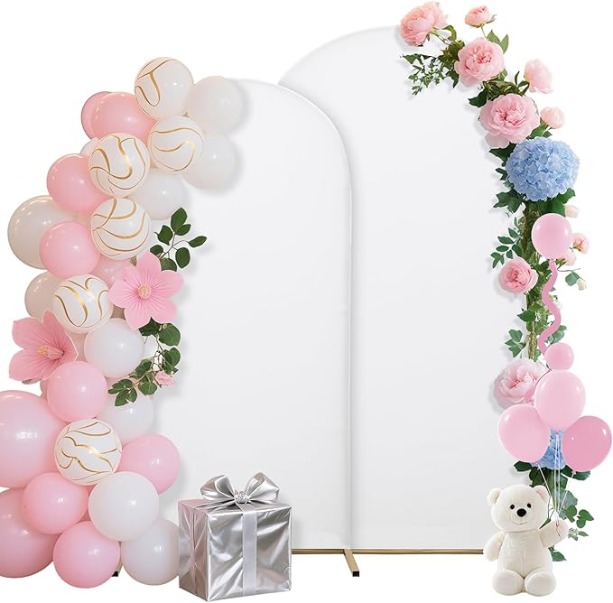 Wedding Arch Covers Arch Backdrop Cover Arch Stand Covers 7.2FT 6FT Set 2 Arch Cover Spandex Fabric Stretchy Backdrop for Wedding Birthday Party Decoration Baby Shower (White, Cover Only)
