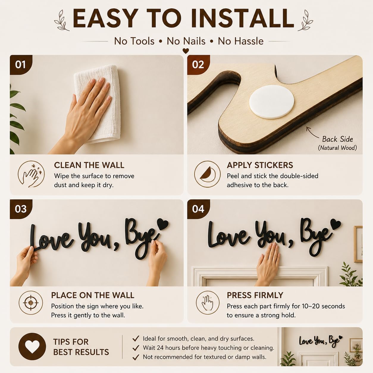 Wooden Love You Bye Sign, 3D Wall Decor Letters for Entryway Above Door, Farmhouse Boho Home Decor for Hallway Bedroom, Meaningful Gift