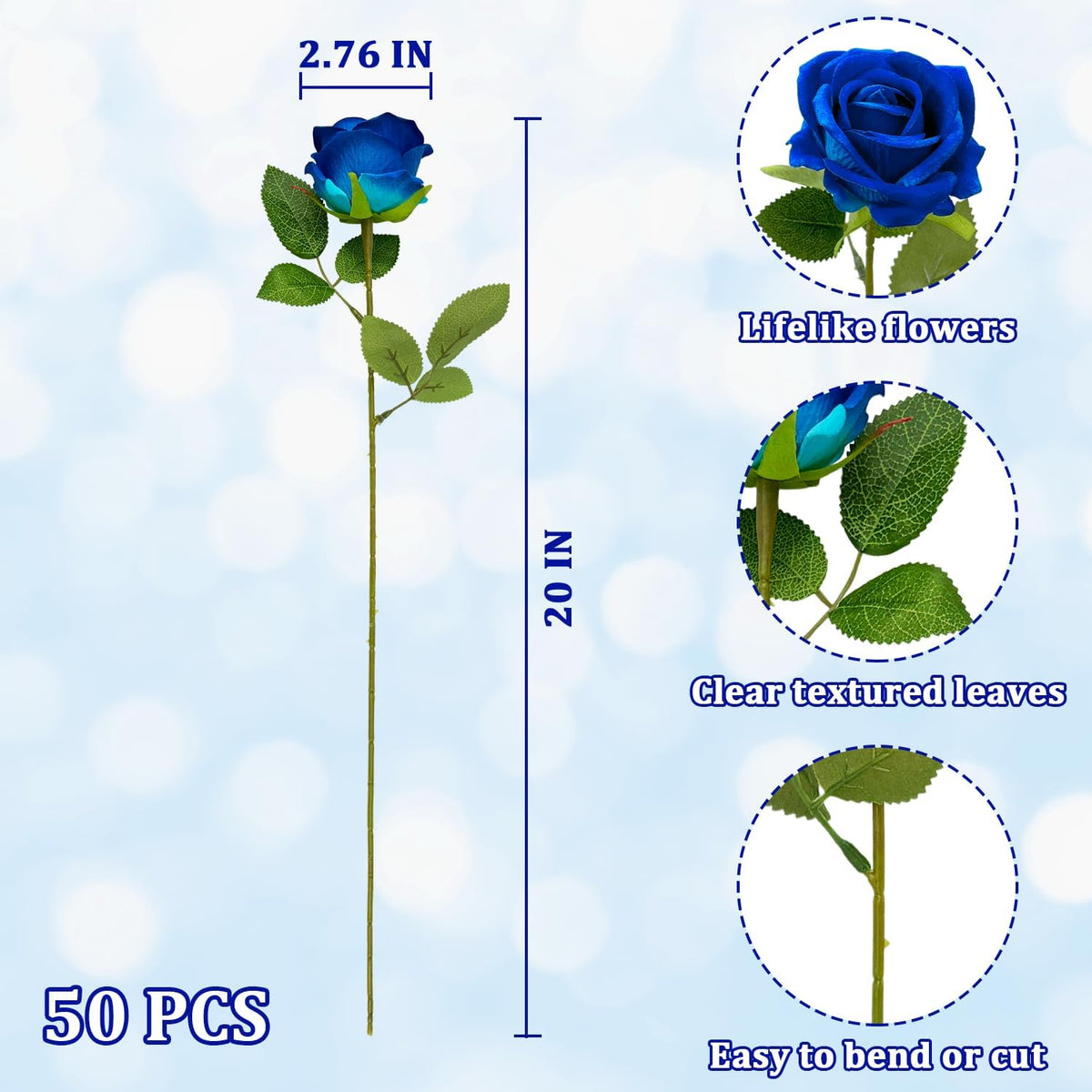 bulk royal blue artificial flowers, fake velvet blue, close-up detail