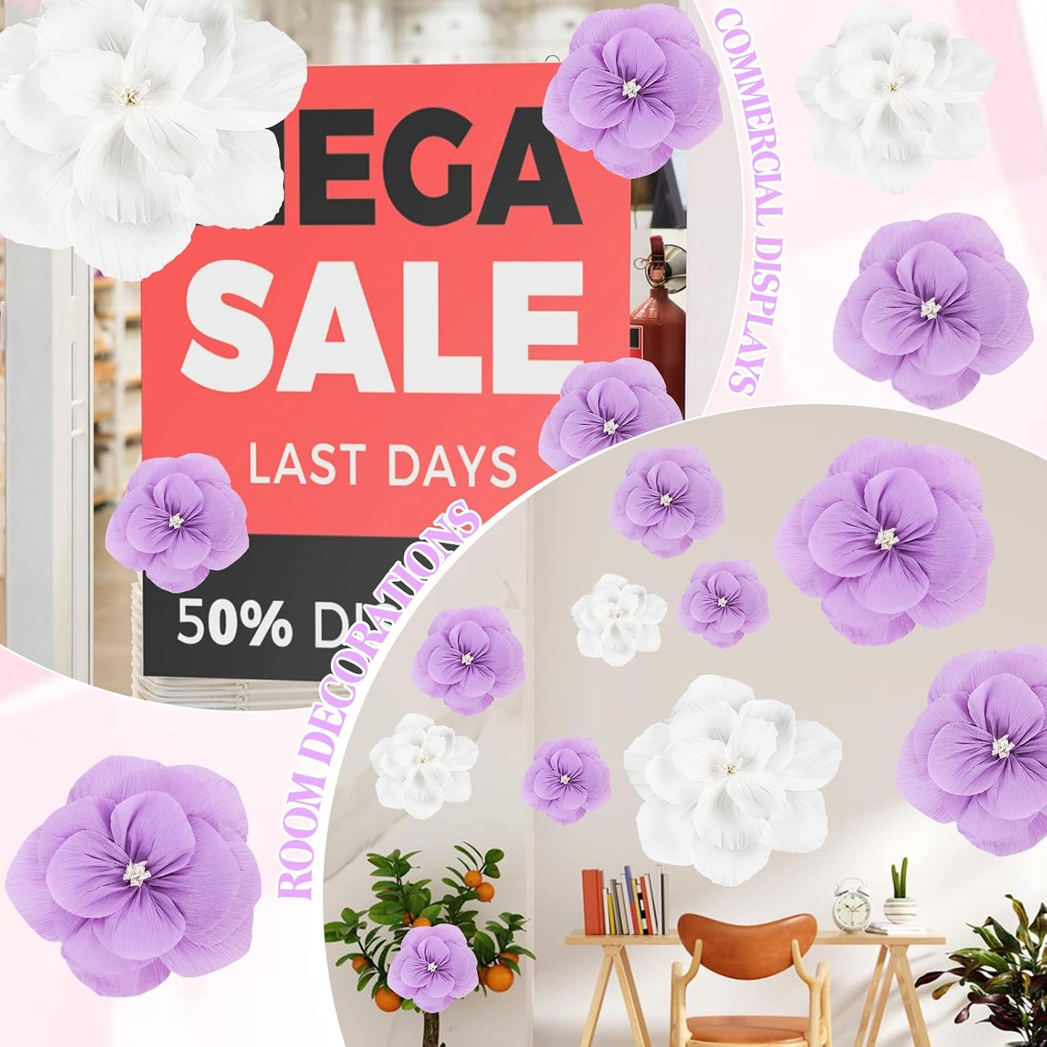 VAIPI 20 Pcs Large Tissue Paper Flowers Giant Paper Flowers Decorations for Wall 24'' 12'' 8'' Crepe Handcrafted Flower for Wedding Baby Shower Birthday Party Wall Backdrop Decor (Purple)