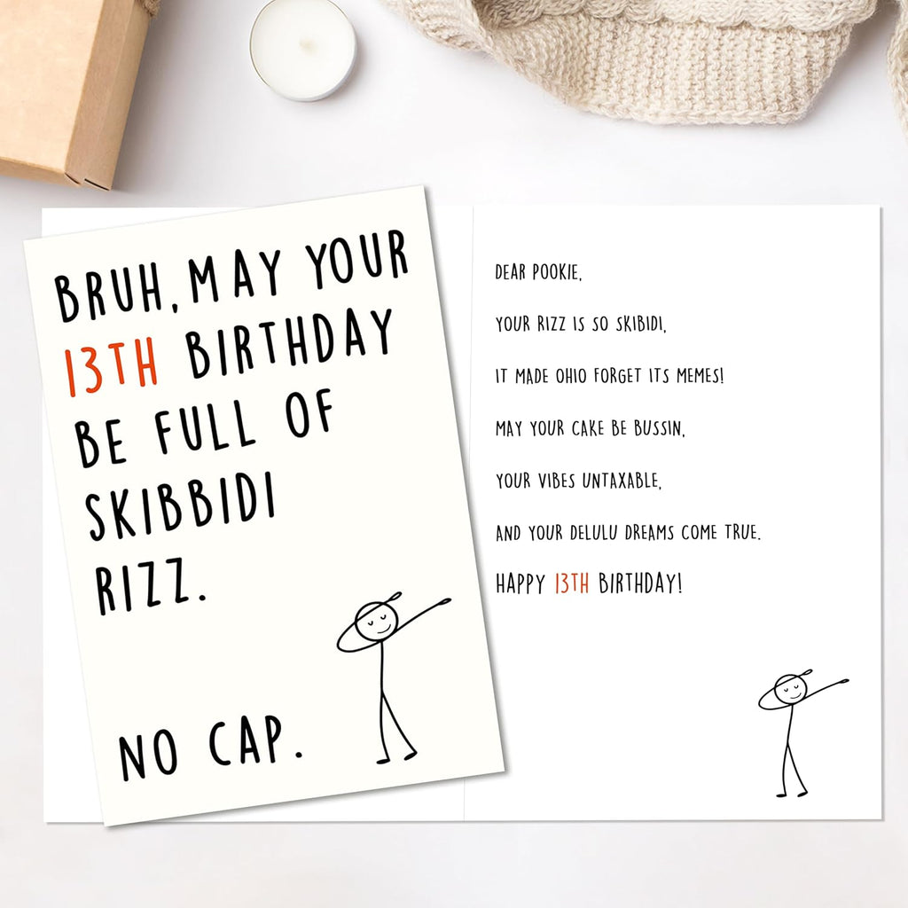 Funny 13th Birthday Card for Boys Girls,13 Year Old Birthday Gifts & Decorations for Daughter Son Niece Nephew,Humorous 13th Birthday Card for Teenagers with Gen Z Slang Meme Design