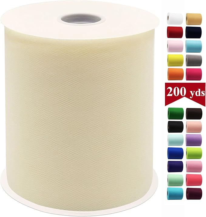 Ivory Tulle Fabric Rolls 6 Inch by 200 Yards (600 feet) Fabric Spool Tulle Ribbon for DIY Ivory Tutu Gift Wrapping Baby Shower Birthday Party Wedding Decorations Craft Supplies