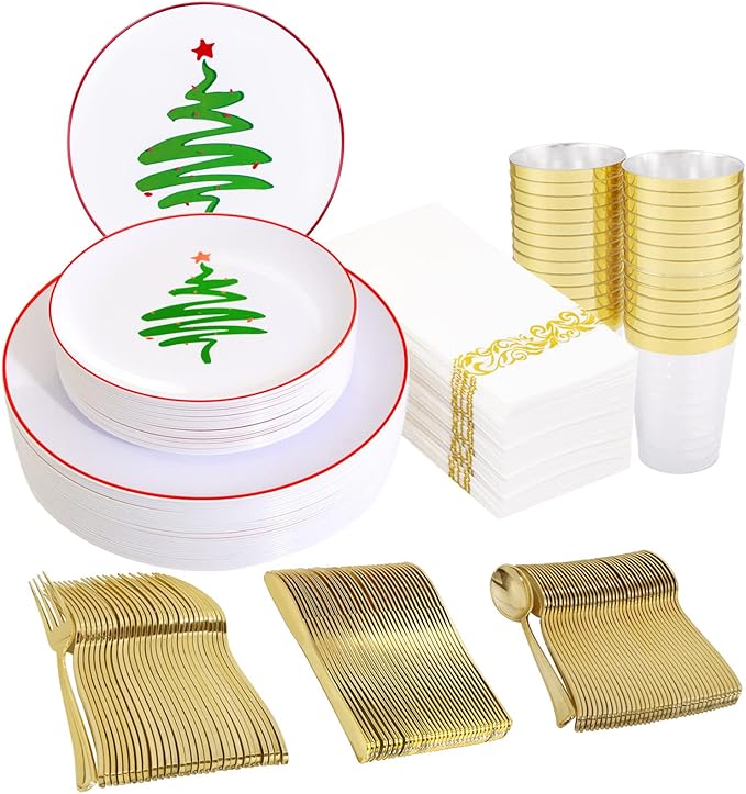 Supernal 350pcs Christmas Plastic Dinnerware Set,Christmas Plastic Plates,Gold Plastic Silverware,Gold Plastic Cups,Plastic Plates with Christmas Tree Design Suit for 50 Guests Perfect for Christmas