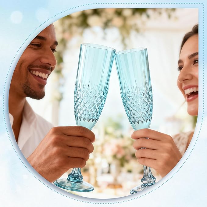 Plastic Champagne Flutes, 24PCS Light Cyan Wine Glasses Goblets Cups Reusable Flute, for Weddings Bachelor Parties Toasting and Events(24, Light Cyan)