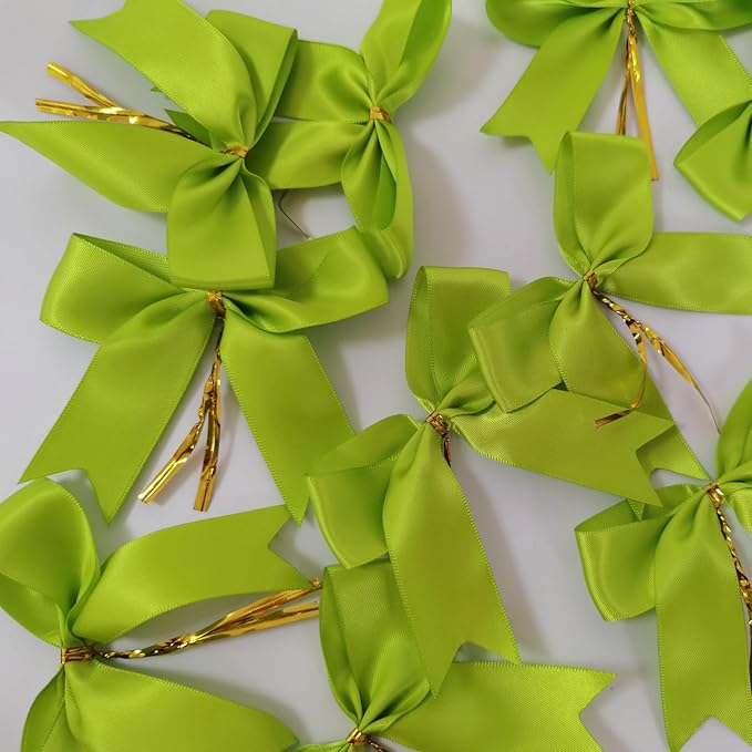 50 pcs 3-1/2" Apple Green Satin Ribbon Twist Tie Bows for Spring Gift Wrapping with Fish Tails (Lt.Green)