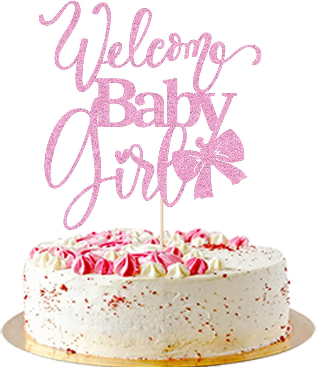 Welcome Baby Girl Cake Toppers - Baby Shower, Baby Shower, Newborn Gender Show Girl Happy Birthday Party Decoration (pink glitter)