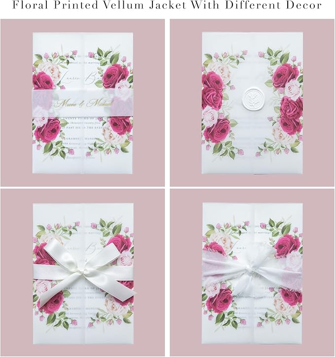PONATIA 50PCS Vellum Jackets for 5x7 Invitation Cards- 135GSM Fuchsia Flowers Vellum Sleeves Paper 5x7 Jackets - Wedding Invitations Wraps - Transparent Card Jacket