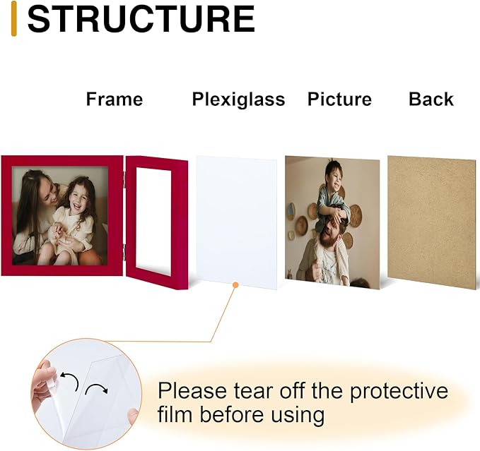 decorUhome Double 6x4 Picture Frame Horizontal, Engineered Wood Bifold Photo Frame with Plexiglass for Tabletop Display, 6x4, Red