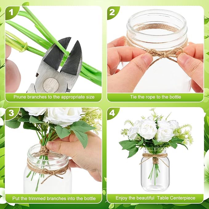 6 Set Centerpiece Table Decorations Mason Jar Table Centerpiece with Flower Mason Jar Wedding Centerpieces Vases Decor for Reception Engagement Party Bridal Shower (White Rose)