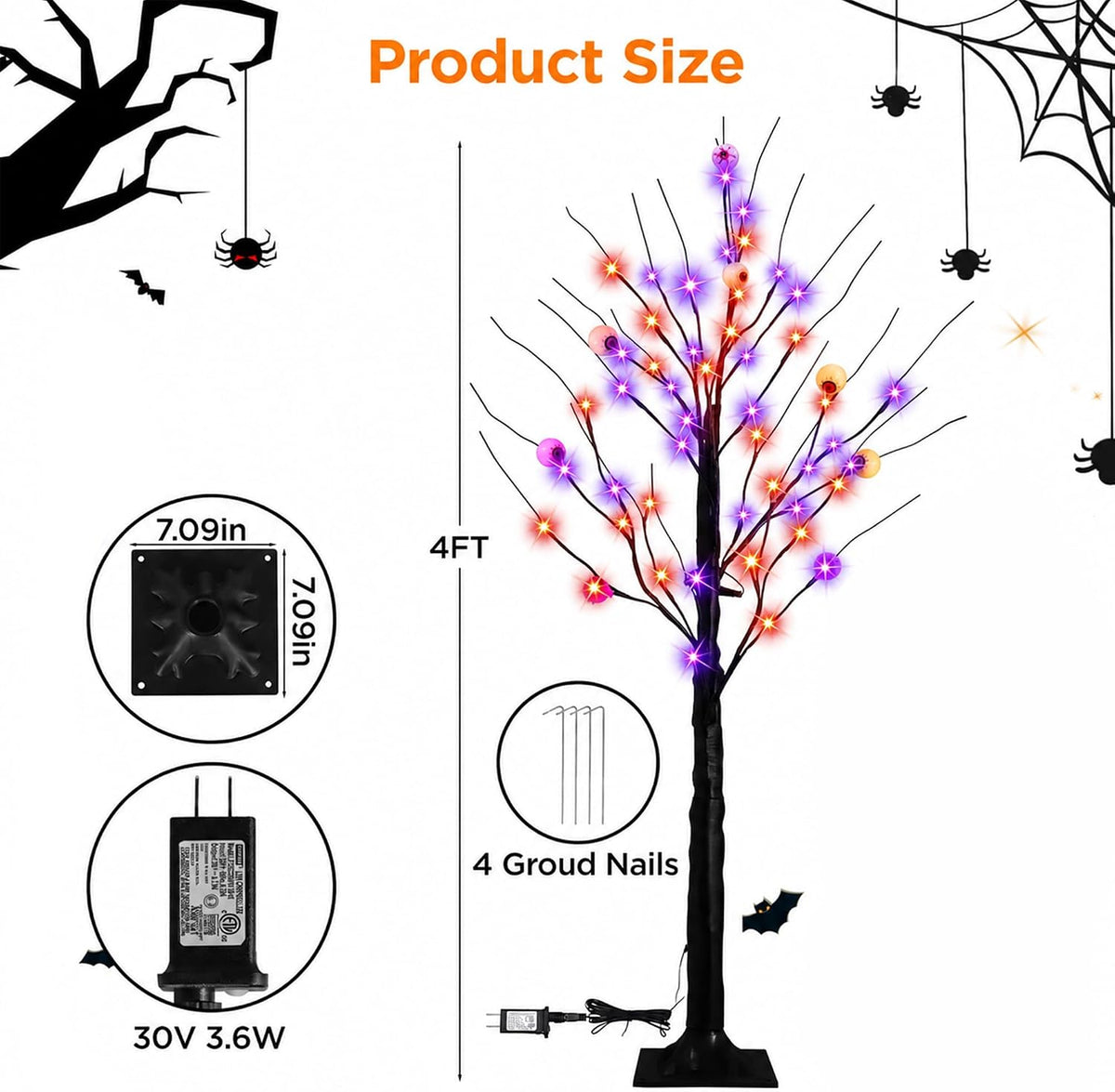 2 Pack 4FT Lighted Black Halloween Tree, Purple & Orange Lights with Timer