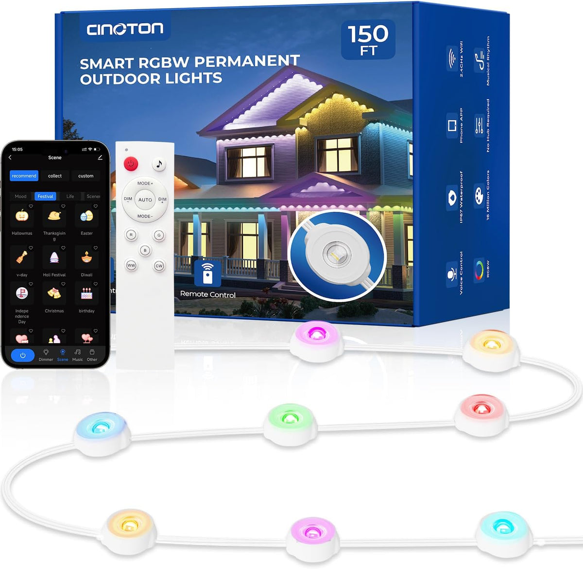 cinoton permanent outdoor lights 150ft, smart rgbw+ic eaves, main product view