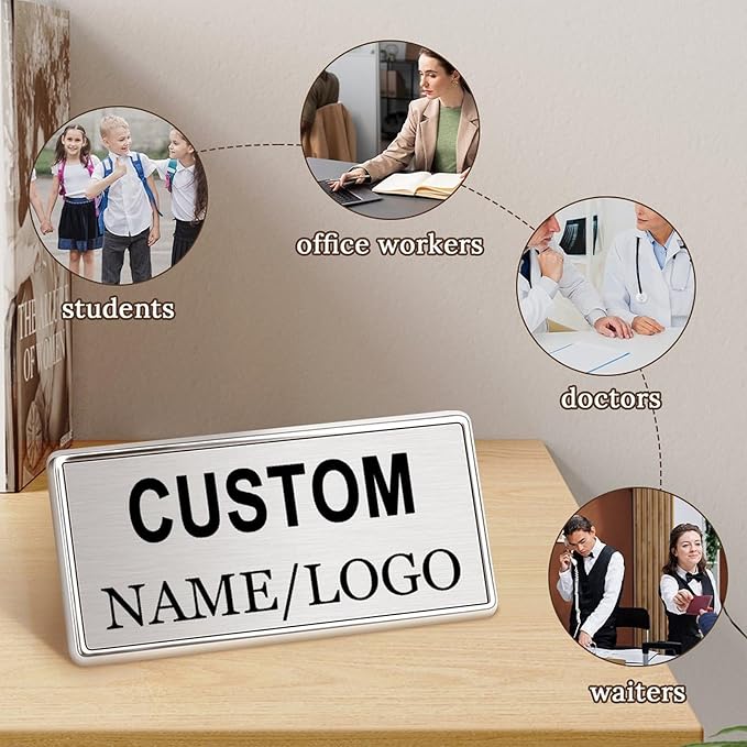 Custom Name Tags ID Badges with Logo Name Personalized Name Badges Name Tag ID Badges with Pin Backing Customizable Name Badges for Business Offices Stores Restaurant, 1.5x2.8 in, 20PCS