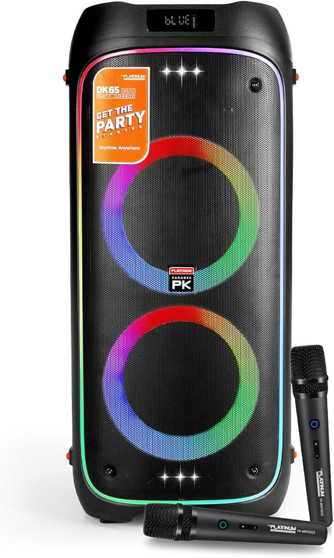 The Platinum DK65 Bluetooth Party Speaker, Karaoke Machine for Adults with 2 Wireless Microphones and Powerful bass & subwoofer, RGB Lights, Features Over 23k Songs for Outdoor & Home