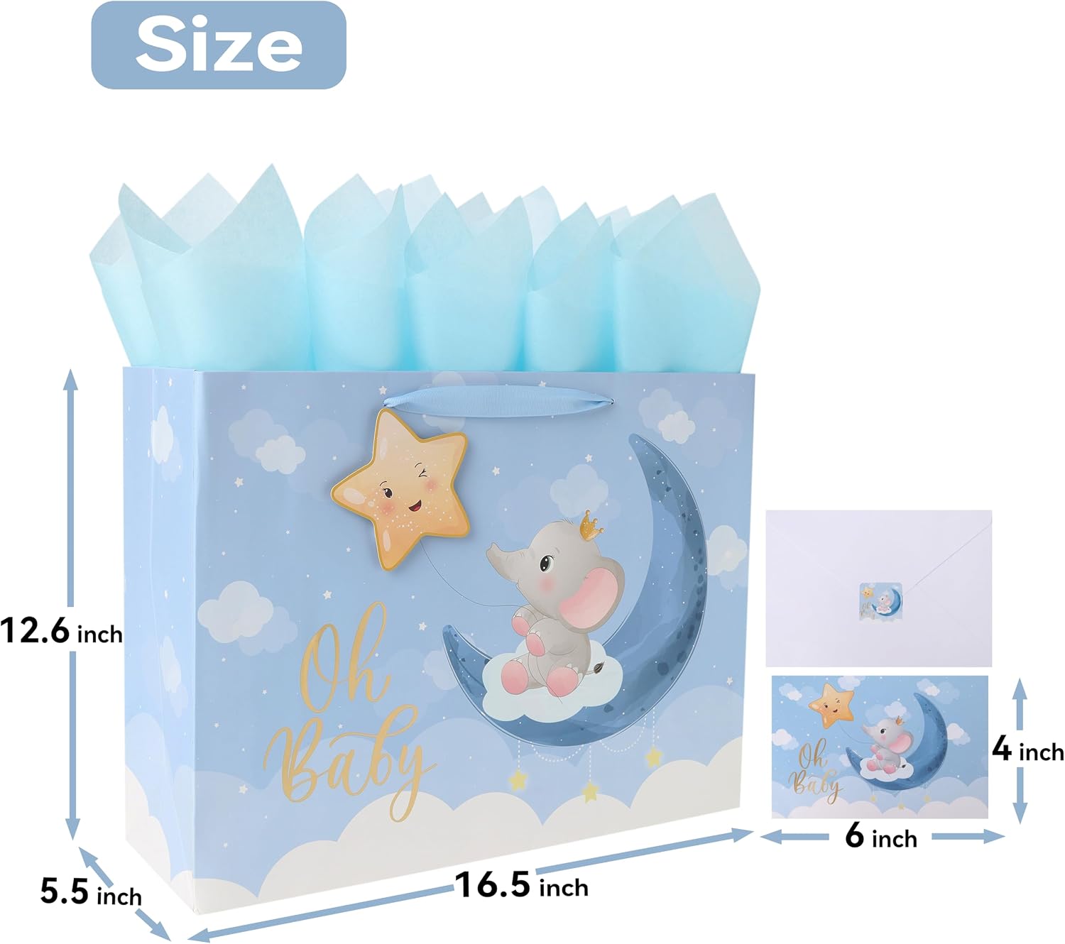 16.5'' Extra Large Baby Boy Gift Bag Set with Handles, Greeting Card, Blue Tissue Papers and Stickers for Boys Kids for Baby Shower, Boys' Birthday Party, Newborn, New Moms, Little One, 1st Baby, Elephant and 3D Star Design, 1 Pcs