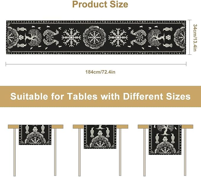 Ancient Abstract Pattern Table Runner, Tree of Life Eagle Dragon Boat Rudder Black and White Table Runner 13x70 Inch