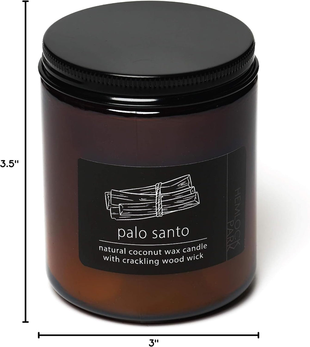 Hemlock Park Palo Santo Apothecary Scented Candle | Crackling Wood Wick, Botanical Fragrance & Coconut Apricot Wax | Up to 60 Hour Burn Time | 8 oz | Made in USA
